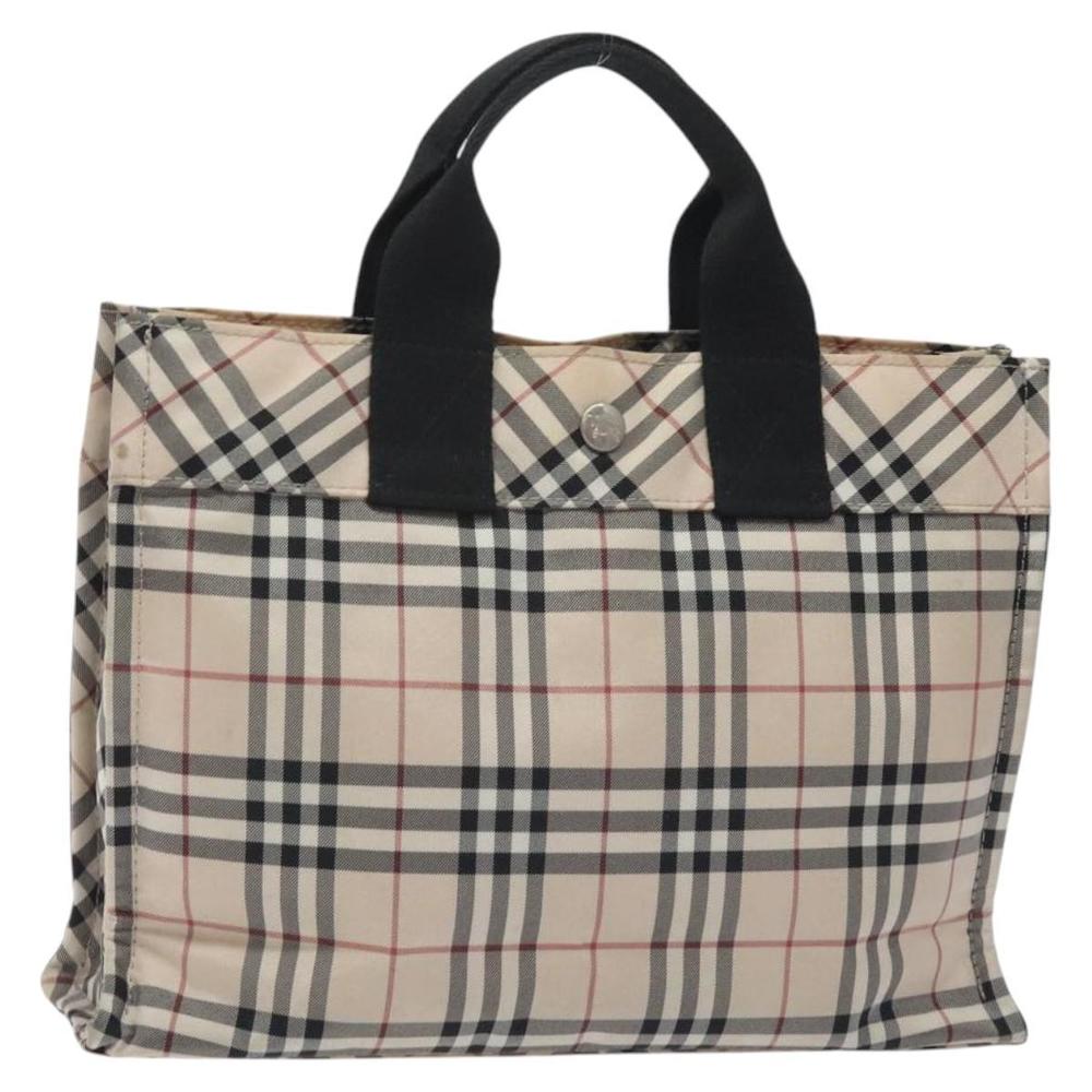 BURBERRY Nova Check Blue Label Hand Bag Nylon Beige Silver Auth kk500 - Picture 1 of 16